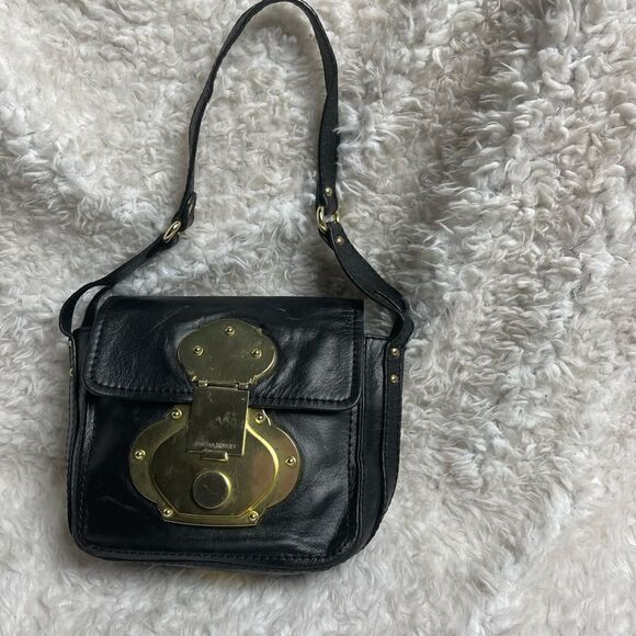 Cynthia Rowley Black Leather small satchel bold gold tone accents & Hardwares - Picture 1 of 15